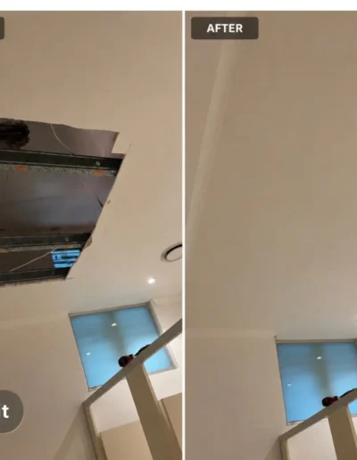 Before and after ceiling repair and painting project completed by Power Brush Painting in Melbourne, showing damaged ceiling restored to a smooth professional finish.