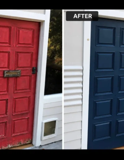 Before and after exterior door painting project completed by Power Brush Painting, transforming a worn red front door into a modern navy blue finish.