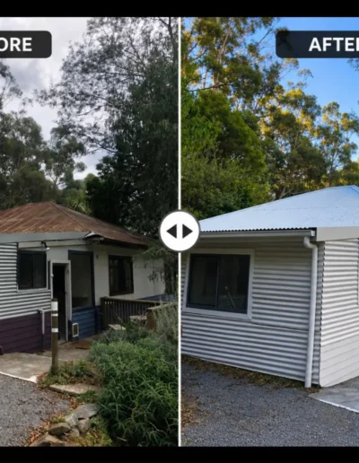 Before and after exterior house painting project showing a complete transformation of weathered cladding and roofing.